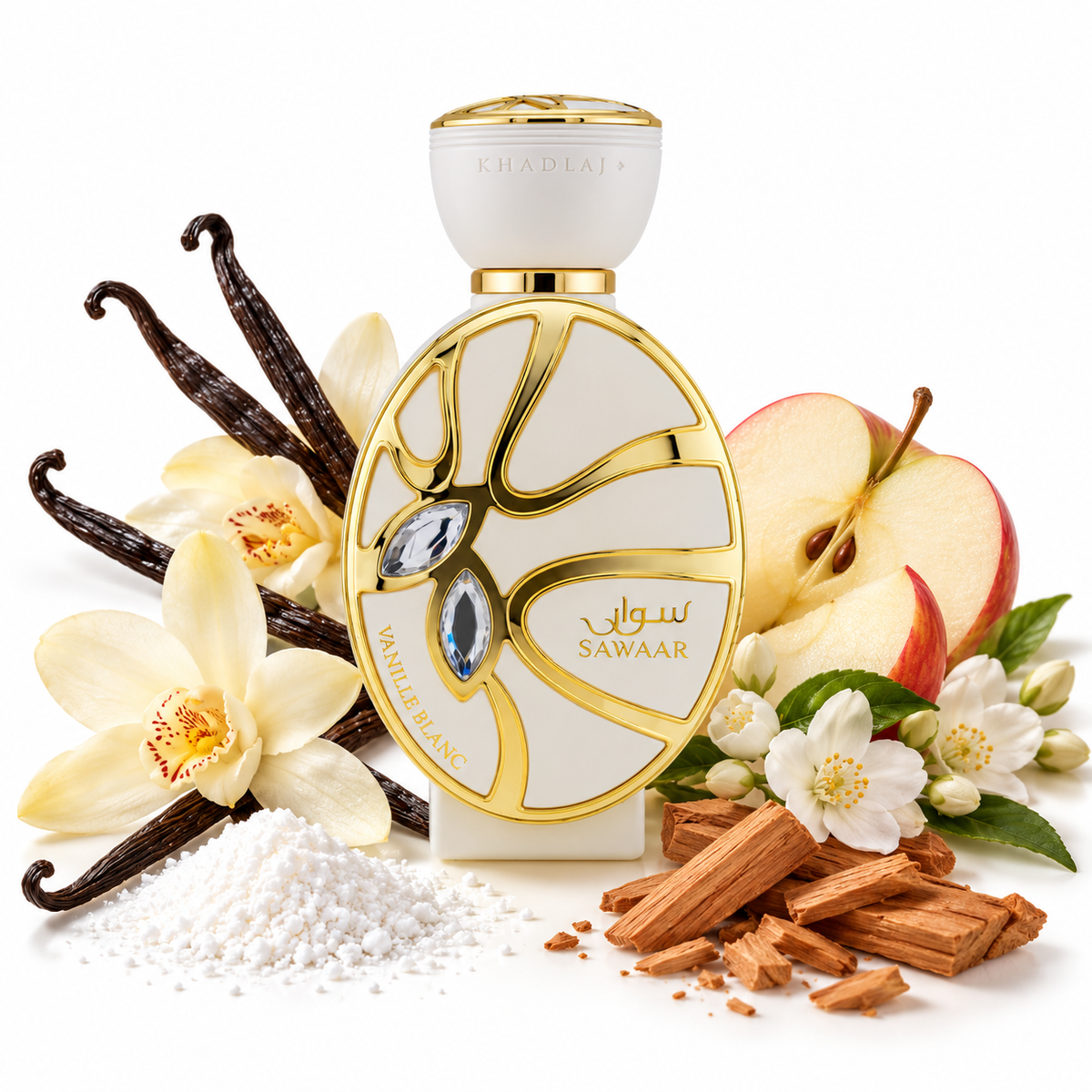 Khadlaj Sawaar Vanille Blanc 100ml bottle on white with vanilla, powdered sugar, apple, white flowers and sandalwood