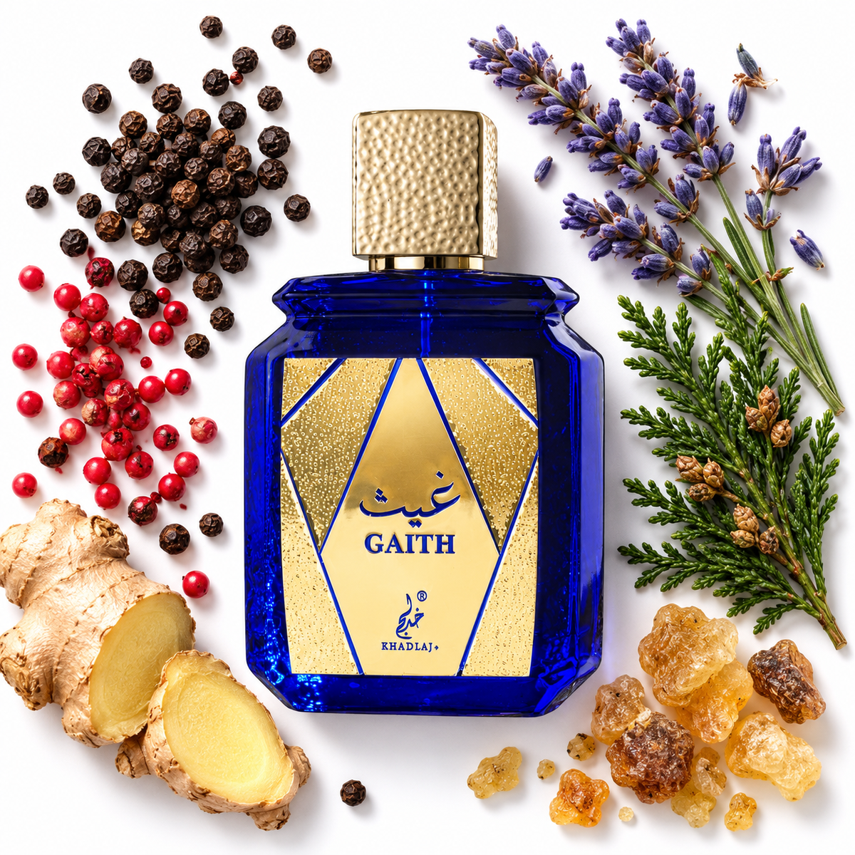 Khadlaj Gaith 100ml bottle on white with pepper, pink pepper, ginger, lavender, cypress and incense