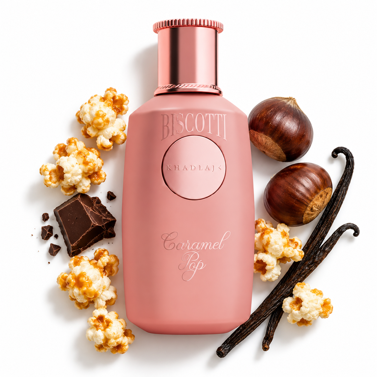 Khadlaj Biscotti Caramel Pop 100ml bottle on a white background with popcorn, chestnut, chocolate and vanilla