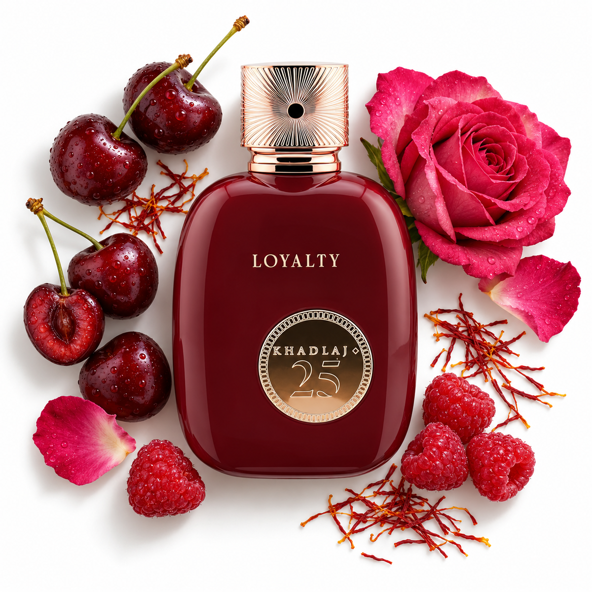 Khadlaj 25 Loyalty 100ml bottle on a white background with cherry, rose, saffron and raspberry
