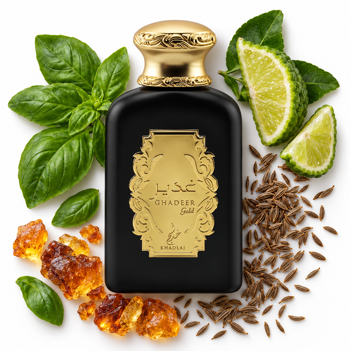Khadlaj Ghadeer Gold 100ml bottle on white with basil, bergamot, caraway and amber