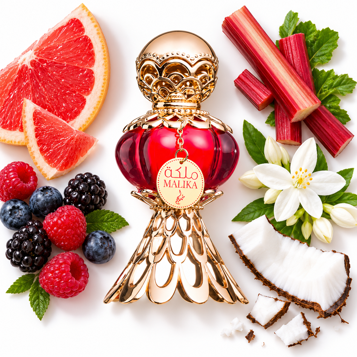 Khadlaj Malika Red 20ml perfume oil bottle on white with grapefruit, rhubarb, wild berries, jasmine and coconut