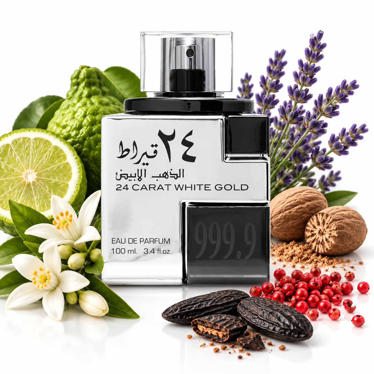 Lattafa 24 Carat White Gold 100ml bottle on white with bergamot, orange blossom, lavender, nutmeg, pink pepper and tonka beans