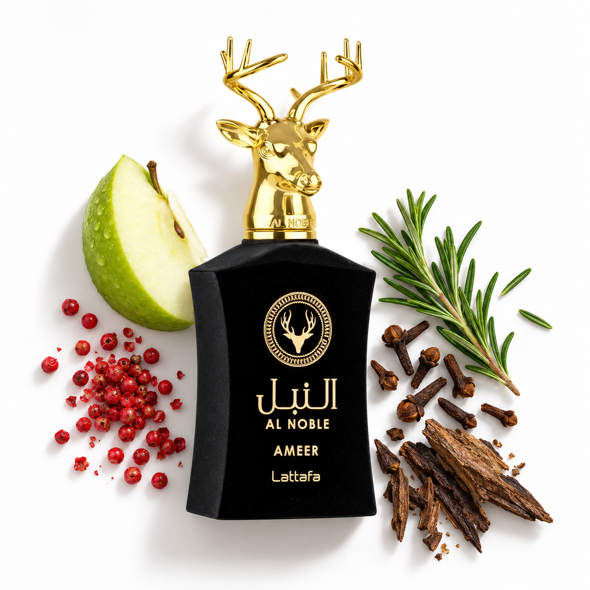 Lattafa Al Noble Ameer 100ml bottle on white with green apple wedge, pink peppercorns, rosemary sprig, cloves, oud wood chips.