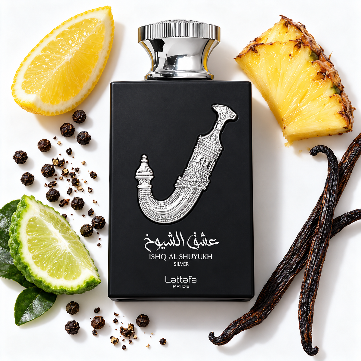 Lattafa Pride Ishq Al Shuyukh Silver 100ml bottle on white with lemon, bergamot, black pepper, pineapple and vanilla