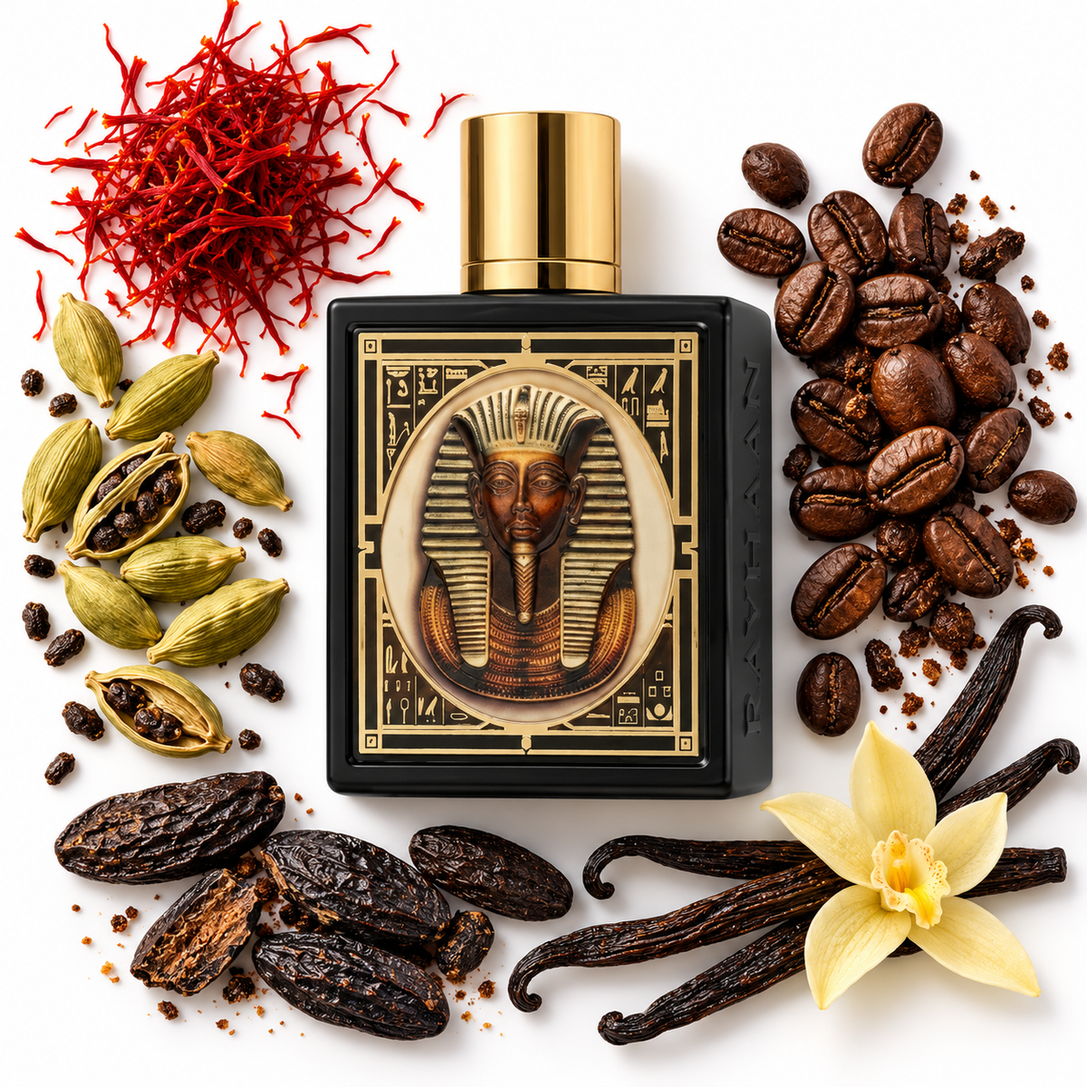 Rayhaan Pharaoh 100ml bottle on white with saffron, cardamom, coffee, tonka beans and vanilla