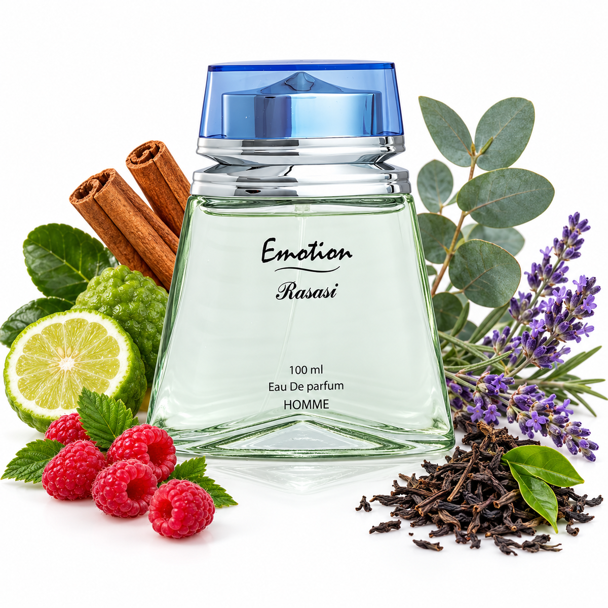 Rasasi Emotion for Men 100ml bottle on white with cinnamon, bergamot, raspberry, tea, eucalyptus and lavender