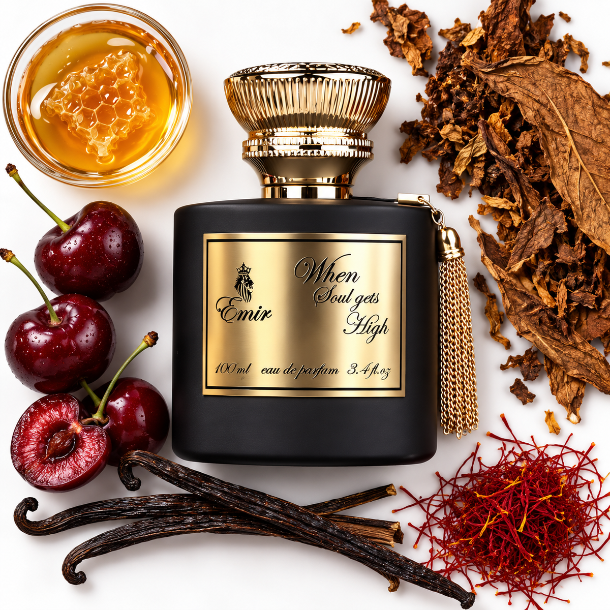 Paris Corner Emir When Soul Gets High 100ml bottle on white with honey, tobacco, cherry, vanilla and saffron