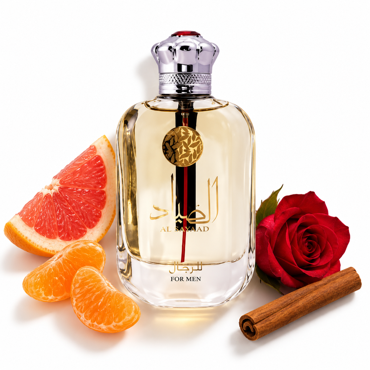 Ard Al Zaafaran Al Sayaad for Men 100ml perfume bottle on white with grapefruit, mandarin, rose and cinnamon note accents