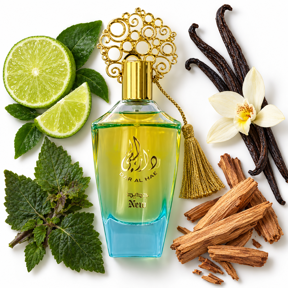 Ard Al Zaafaran Dar Al Hae New 100ml bottle on white with lime, patchouli, vanilla and sandalwood