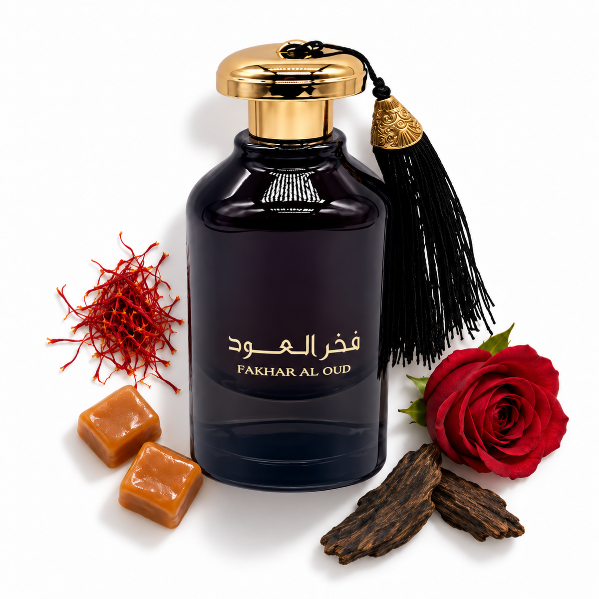 Ard Al Zaafaran Fakhar Al Oud 100ml perfume bottle on white with saffron, caramel, rose and oud note accents