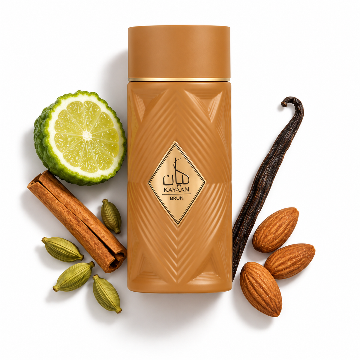 Ansam Al Oud Kayaan Brun 100ml perfume bottle on white with bergamot, cinnamon, cardamom, vanilla and almond note accents