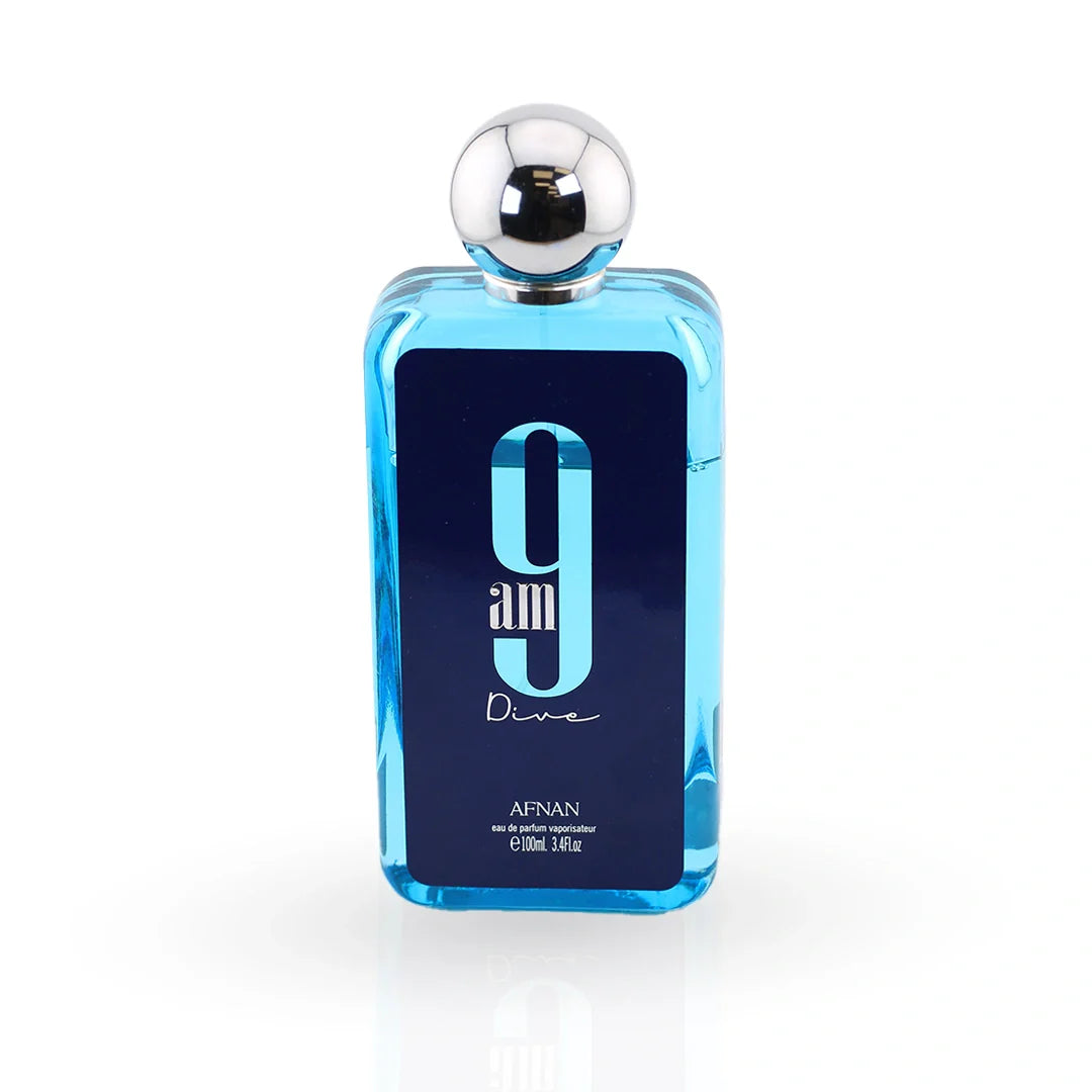 Afnan 9 AM Dive Eau de Parfum 100ml — blue transparent bottle silver ball cap, front view — apple lemon sandalwood fragrance