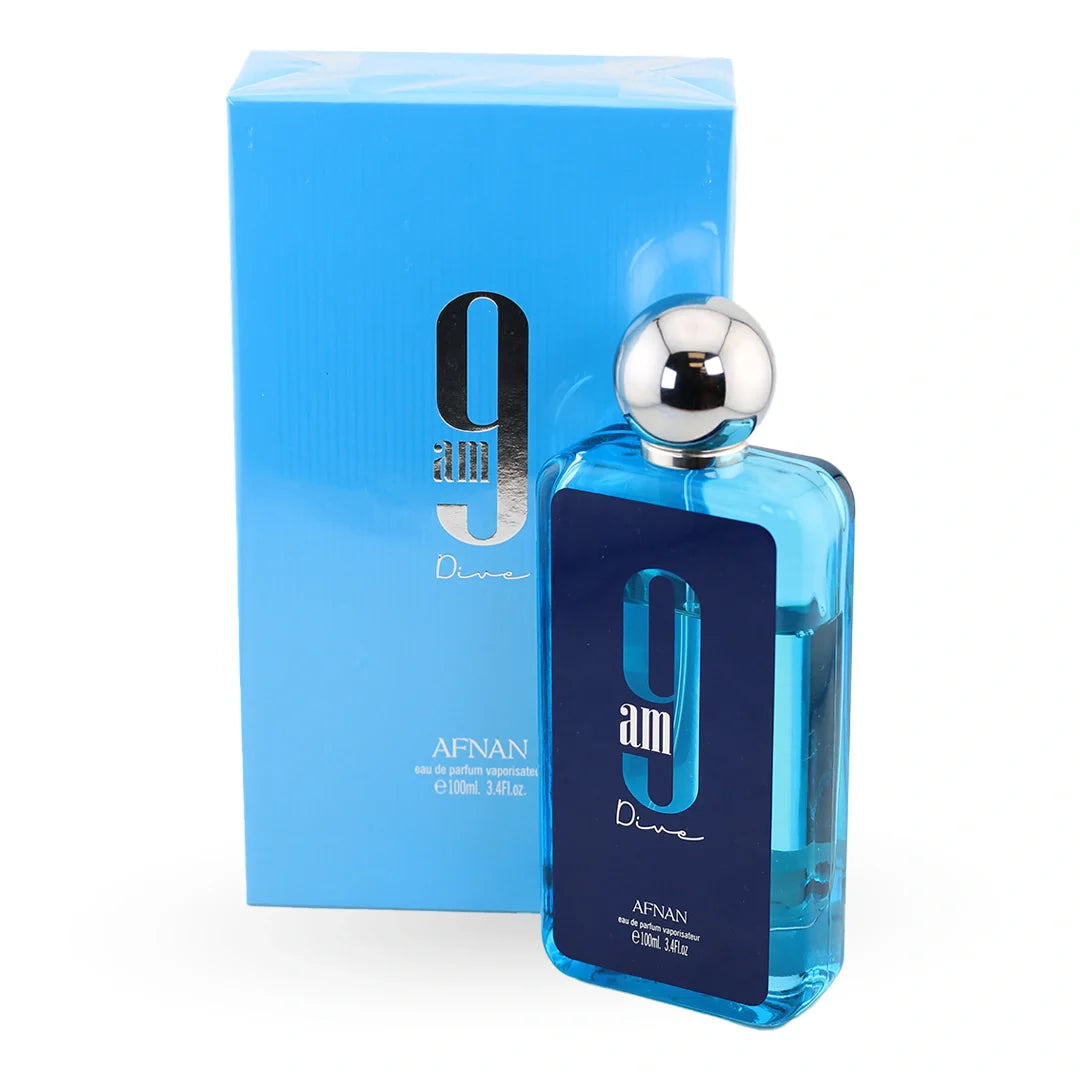 Afnan 9 AM Dive Eau de Parfum 100ml — blue bottle with navy label beside its light blue presentation box