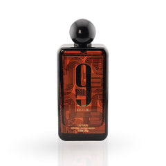 Perfume bottle with black and orange design on a white background