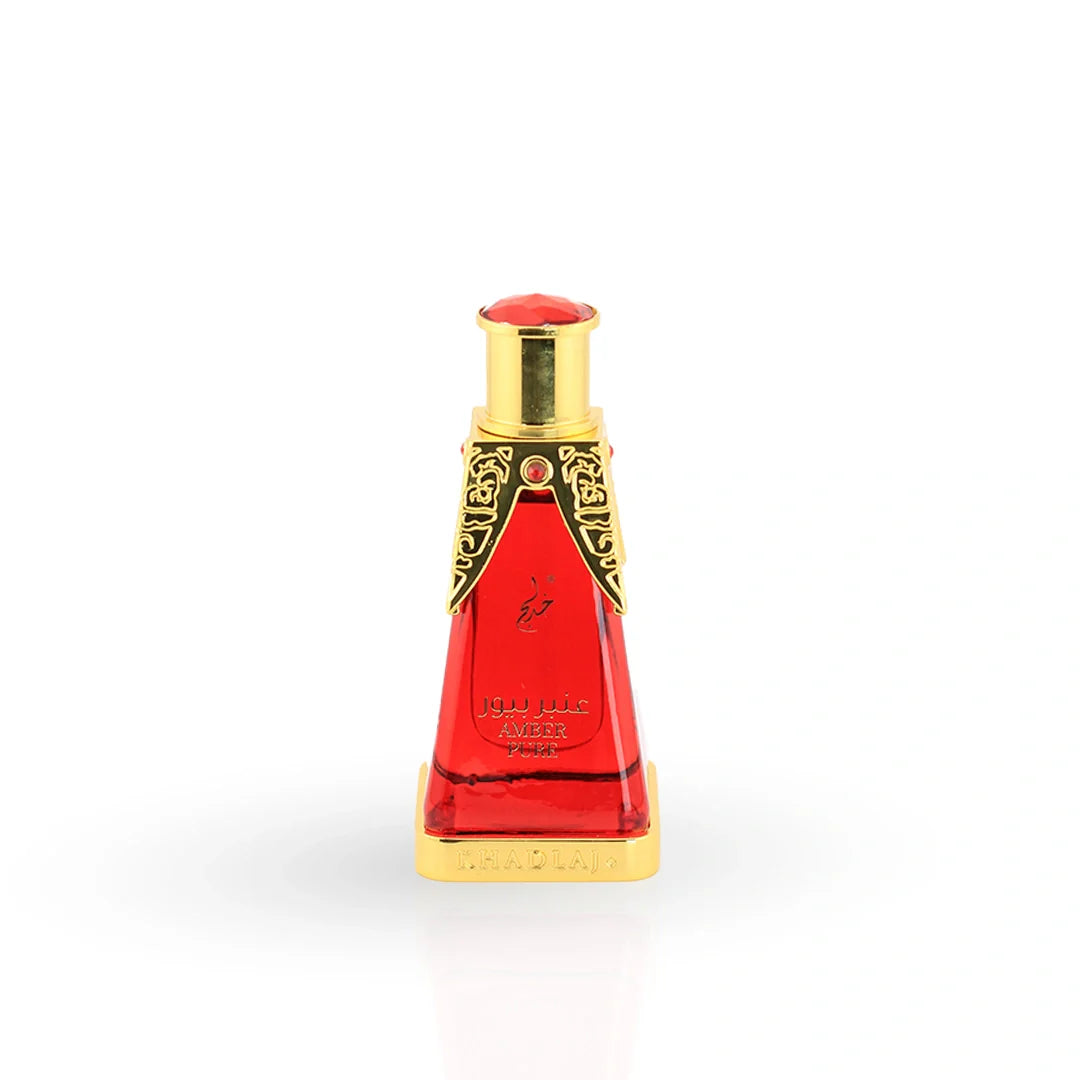Amber Pure perfume oil bottle by Khadlaj with red glass and gold detailing