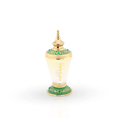 Attar Al Sultan ornate perfume oil bottle with emerald and gold design