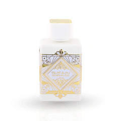 Badee Al Oud Honor & Glory white perfume bottle with gold Art Deco design by Lattafa