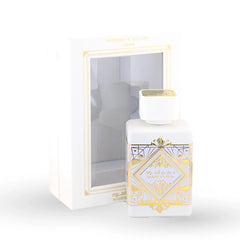 Badee Al Oud Honor & Glory white perfume bottle with gold Art Deco design by Lattafa