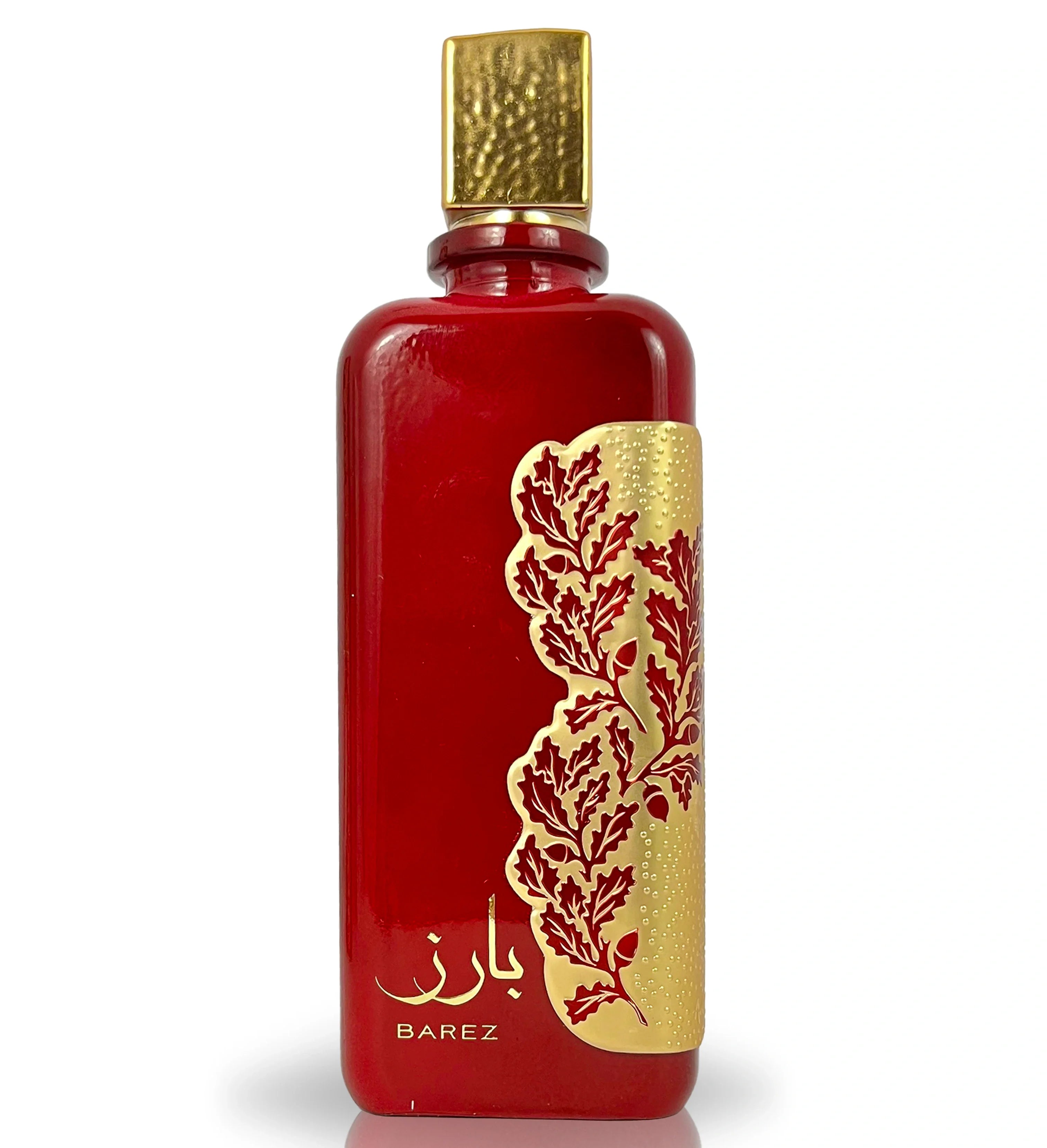Red and gold Barez perfume bottle with botanical design