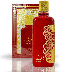 Red and gold Barez perfume bottle with botanical design