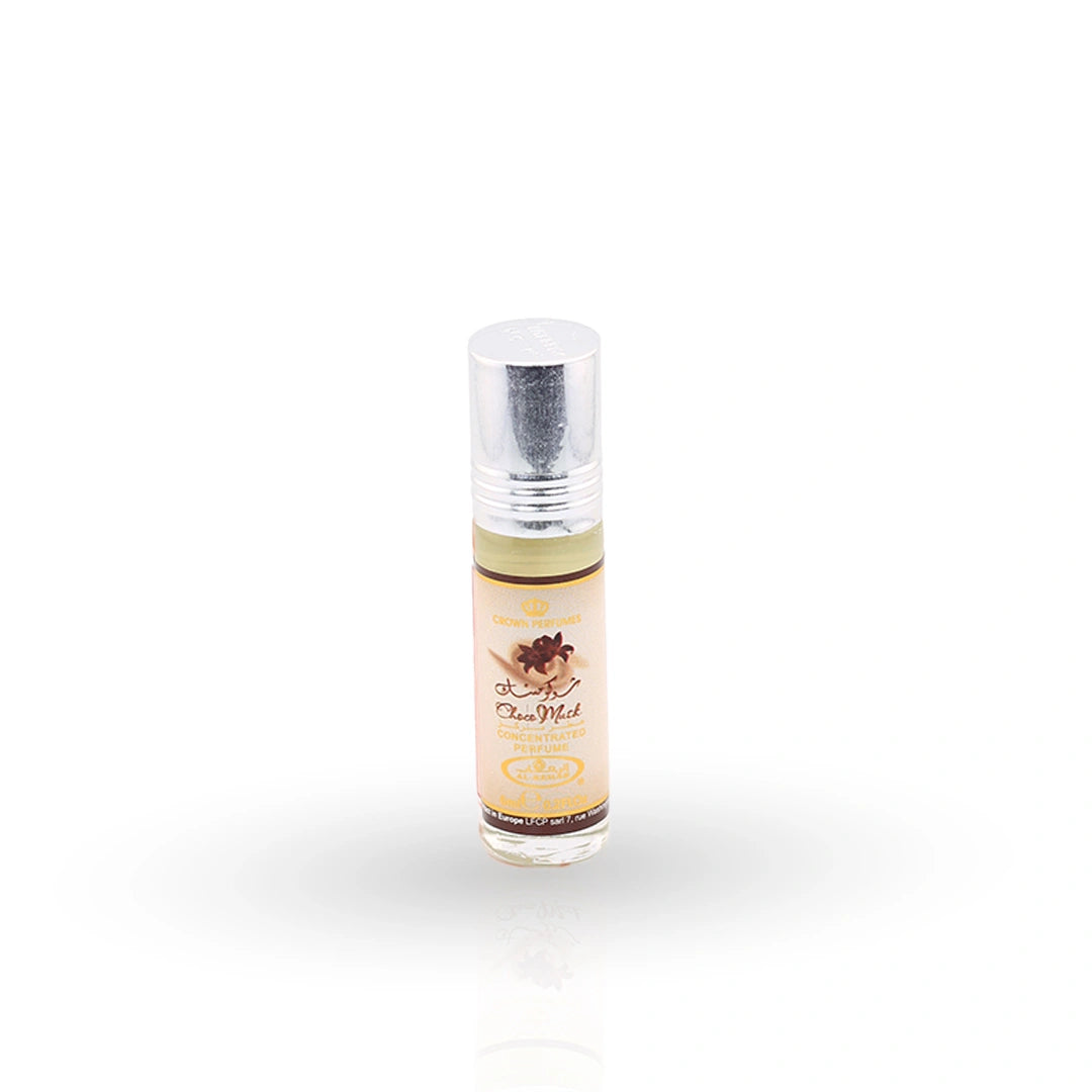 Choco Musk perfume oil roll-on bottle with chocolate-themed packaging by Al-Rehab