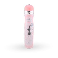 Pink air freshener spray bottle with silver top on a white background
