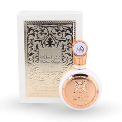 Fakhar Lattafa White perfume bottle with ornate rose gold packaging