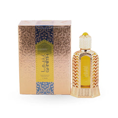 Ganima golden perfume oil bottle with geometric patterns by Naseem