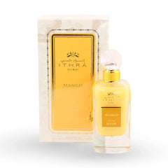 Ithra Dubai Mango Musk perfume bottle in golden yellow with decorative charm and textured cap