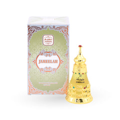 Jameelah concentrated perfume oil in ornate golden bottle with decorative gems