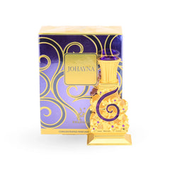 Johayna Purple perfume oil in ornate gold crystal bottle with purple swirl design and decorative gems