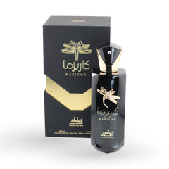 Karizma 100ml Eau de Parfum by Mamlakat Al Oud with black bottle and golden dragonfly