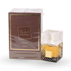 Khamrah Qahwa perfume bottle by Lattafa with brown packaging