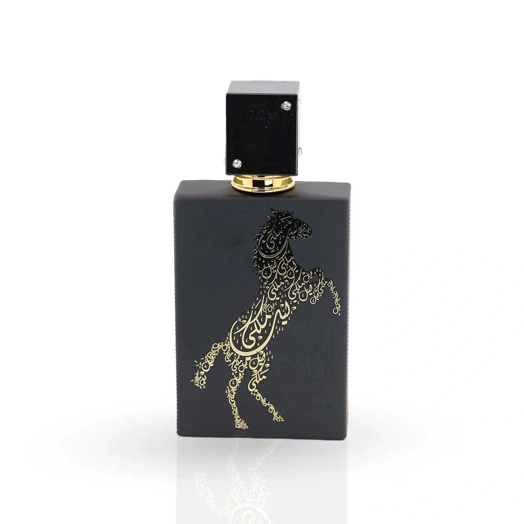 Lail Malaki black bottle with golden Arabic horse calligraphy design