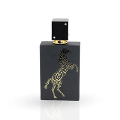 Lail Malaki black bottle with golden Arabic horse calligraphy design