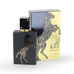 Lail Malaki black bottle with golden Arabic horse calligraphy design