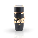 Lattafa Asad eau de parfum black bottle with gold accents