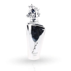 Lattafa Maahir Legacy white perfume bottle with silver horse cap