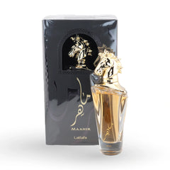 Maahir 100ml perfume bottle with golden horse cap by Lattafa