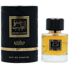 Golden amber Mashair Khumrat Al Teeb perfume bottle with black packaging