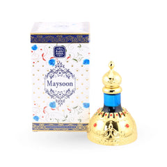 Maysoon ornate golden perfume bottle with blue cap and colorful gems