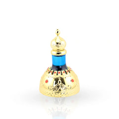 Maysoon ornate golden perfume bottle with blue cap and colorful gems
