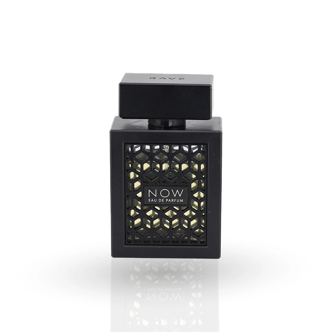 Rave Now perfume black bottle with geometric pattern and gold accents
