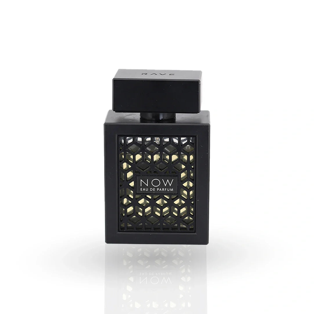 Rave Now perfume black bottle with geometric pattern and gold accents