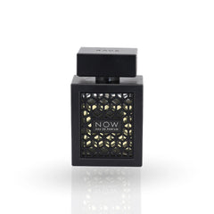 Rave Now perfume black bottle with geometric pattern and gold accents