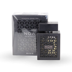 Rave Now perfume black bottle with geometric pattern and gold accents