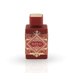 Badee Al Oud Sublime red perfume bottle with Art Deco gold design