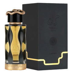 Teriaq Intense perfume bottle in black and gold geometric design with serpent chain cap