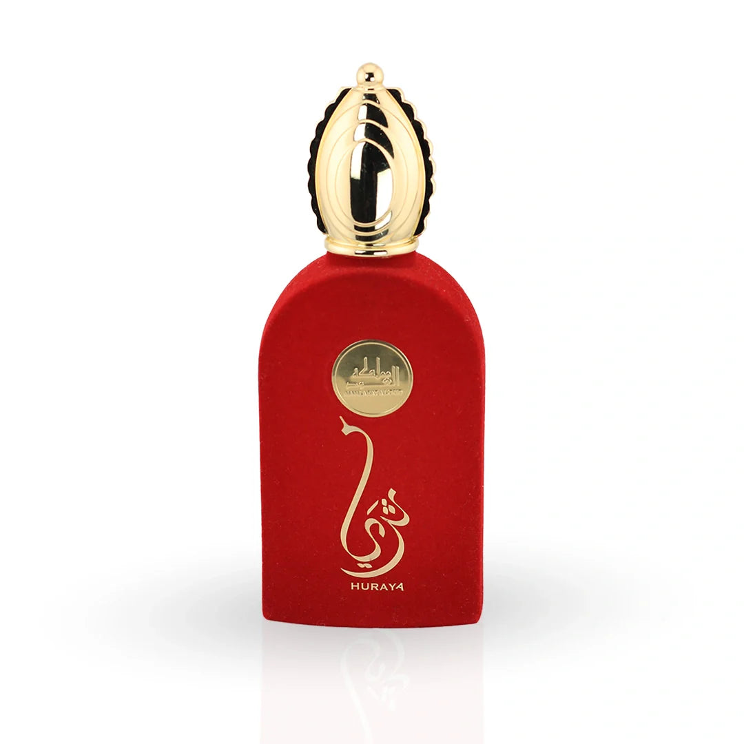 Lattafa Thuraya red perfume bottle with gold ornate cap